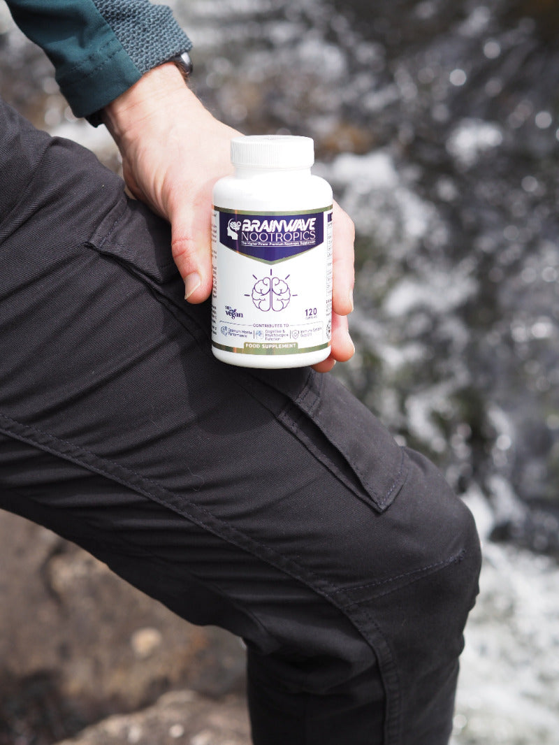 Brainwave Nootropics bottle resting on a knee