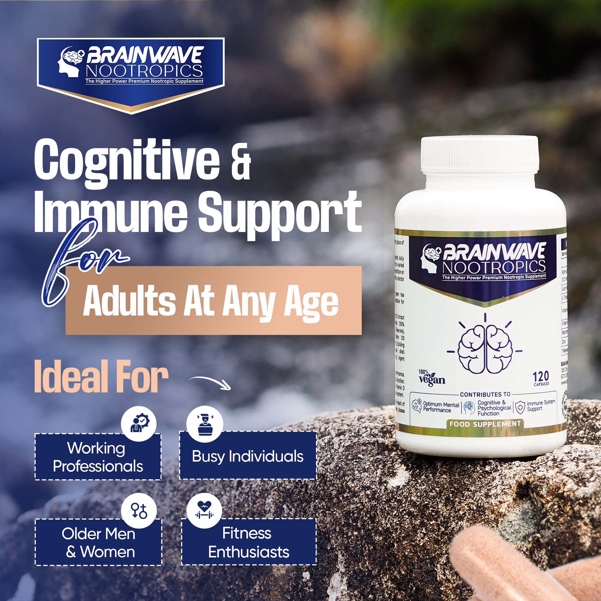 Brainwave Nootropics® | High Strength Nootropic & Adaptogen Brain Function & Immune System Support Complex | Ashwagandha 1000mg - Lion's Mane 1000mg - L-Theanine 300mg - Vitamins D3, B5, B12, Zinc