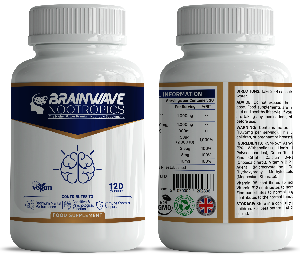 Front and back of Brainwave Nootropics supplement bottle